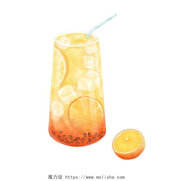 橙子奶茶果汁饮品手绘插画奶茶店菜单水彩PNG免抠高清素材食物